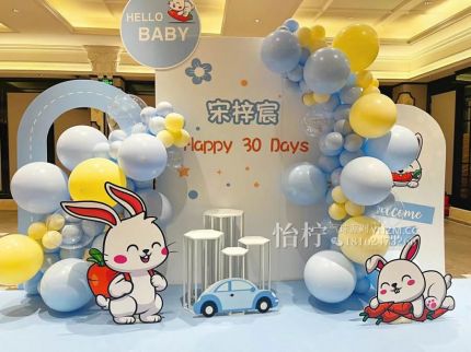 可爱蓝色小兔子兔宝宝满月礼百天宴布置装饰气球百日男女孩仪式感KT板场景背景墙
